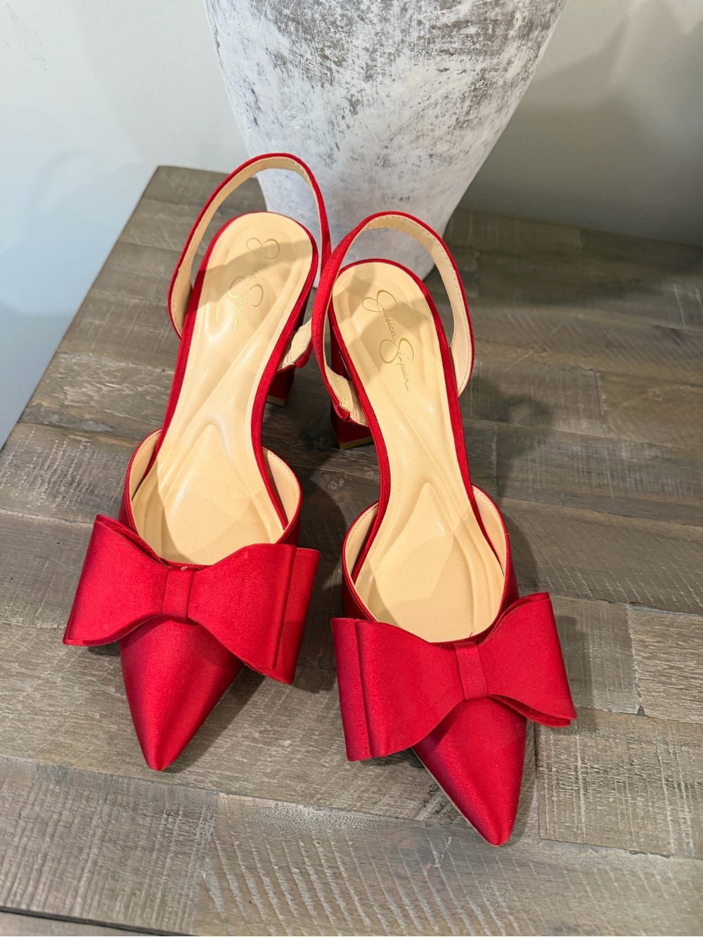 Jessica Simpson Red Satin Bow Slingback Block Heel Pumps - Picture 3 of 5
